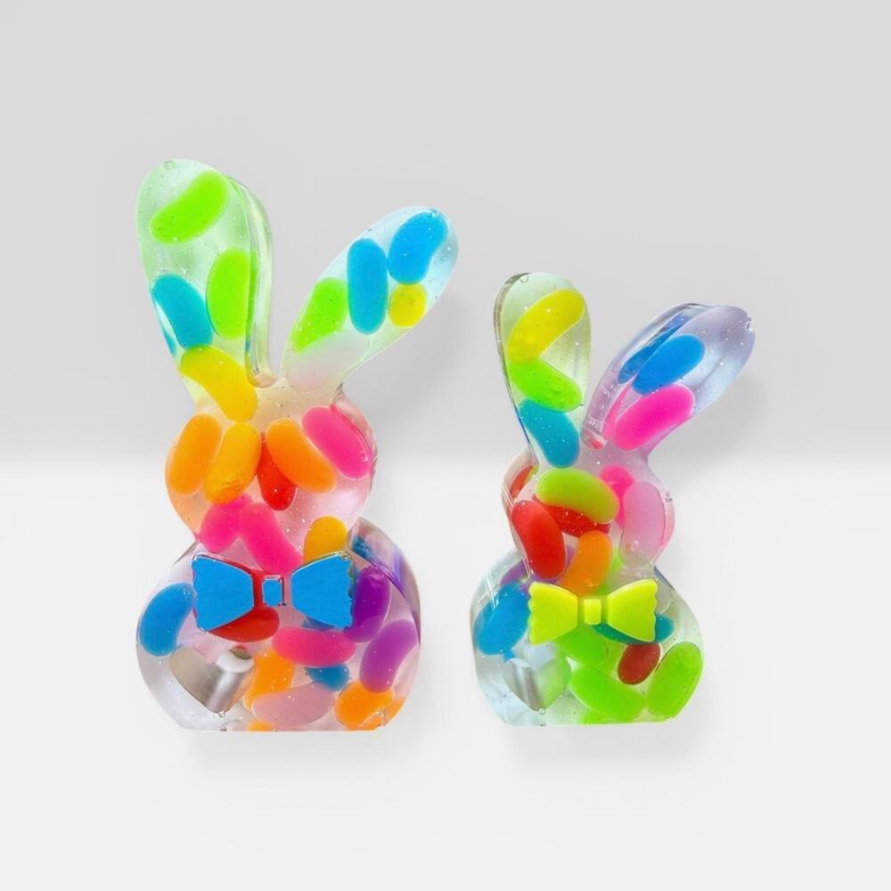 Handmade Resin Bunny Set Colorful Jellybean Easter Decor Shelf Sitter Boho Decor